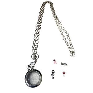 Origami Owl 32" Chain Shamrock and Seahorse, Wine, Love, Breast Cancer Charms